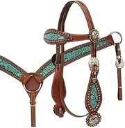 Showman Teal & Brown Filigree Headstall & Breast Collar Set w/Reins