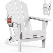 MUCHENGHY Folding Adirondack Chairs, Patio Chairs, Lawn Chairs, Outdoor Chairs, Adirondack Chair Plastic, Fire Pit Chairs, Weather Resistant with Cup Holder for Deck, Backyard, Garden(White)
