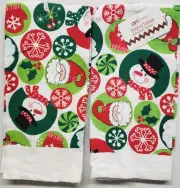 Set of 2 Kitchen Towels(15"x25") CHRISTMAS,SNOWMEN,SANTA & SNOWFLAKES CIRCLES,AM