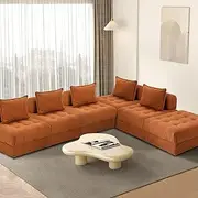 Oikiture Floor Sofa 6 Seater Lounge Chair with Ottoman and Cushion Velvet Sofa Set Brown