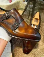 Handmade Men's Brown Cowhide Leather Chiseled Toe Double Monk Dress Formal Shoes