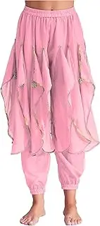 [TiaoBug] Women's Belly Dance Costume Ruffle Dance Harem Pants Tribal Arabic Halloween Pants with Gold Trim
