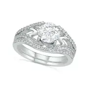7.0mm White Lab-Created Sapphire Geometric Pointed Split Shank Bridal Engagement Ring Set in Sterling Silver