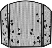 Fireplace Screen Panel Wrought Iron Flower Leaf Fireplace Screen Partition Fireplace Cover Household Mesh Tri-fold Screen Fireproof Spark Protective Cover Fire Safety (Color : Black)