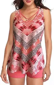[Generic] Mommy and Son Matching Swimwear Women Plus Size Vintage Print Strappy Back Tankini Set Two Piece Swimdress Panty Bathing Suit Beachwear Womens Bathing Suits Shorts Set