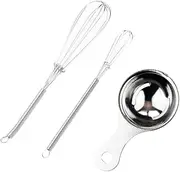 Stainless Steel Mini Whisk Set of 3 Pieces - 7in and 8in Tiny Whisk for Whisking + 1 Pcs Egg White Yolk Filter Separator,Manual Wire Egg Beater Whisk Set Kitchen Gadget Cooking/Baker Tool