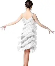 [Frediuo] Women Sequin Tassel Dress Flapper Dress for Club Samba Tango Cha Cha Performance, White Argent, L