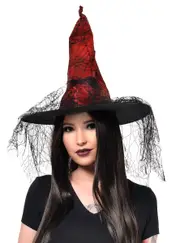 Spiderweb Witch Red and Black Lace Halloween Costume Hat