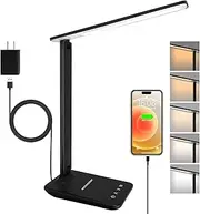 [Jumoking] Desk Lamp LED Dimmable Eye Protection, Desk Lamp with 5 Colours and 5 Brightness Levels, Table Lamp with USB Charging Port, Touch Control for Children, Bedrooms, Reading, Offices (Black)