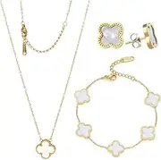 [Priksia] Lucky Clover Sets Necklace 18K Gold Plated Pendant,Fashion Simple Jewelry,Earrings Bracelet for Women Can be Worn on Both Sides, With a Different Style, Gold Plated, No Gemstone White