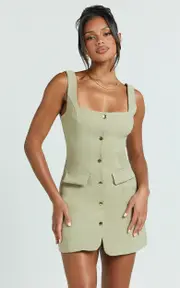 Kenna Mini Dress - Square Neck Button Down Mini Dress in Sage