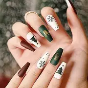 Florry Medium Coffin Fake Nails Red Matte Press on Nails for Christmas Snowflake Cute Acrylic Nails for Women and Girls 24Pcs(Christmas Tree)