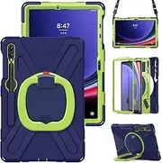 360 Rotation Case for Samsung Galaxy Tab S9+ 12.4'' 2023/S8+ /S7+/S7 FE，with Shoulder Strap S Pen Holder Rotatable Kickstand/Handle Rugged Silicone Case (Navy Blue+Green)