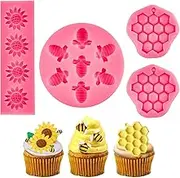 Ocmoiy 4 Pieces Bumble Bee Silicone Mold Honeycomb Sunflower and Bee Fondant Molds for Cupcake Cake Decorating Sugar Chocolate Candy Baking Mold