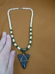 (s242-N) 1-7/8" Fossil MEGALODON Tooth white ache bone _ green jade 20" Necklace
