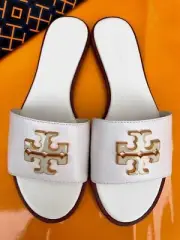 NIB Tory Burch Everly Slide Sandals Calf Leather Enamel Logo New Ivory
