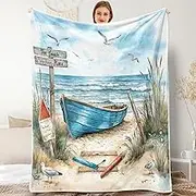 Nautical Coastal Throw Blankets, Ocean Beach Flannel Warm Soft Cozy Fluffy Bed Couch Blanket, Blue Teal Seasides Sailboat Fleece Throws to Decorate The Room and Bedroom 50 x 60