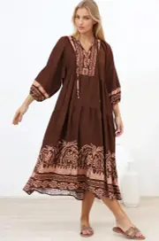 Kamali Midi Dress - Batwing Sleeve Smock Dress with Lace Detailing in Luma Print Brown