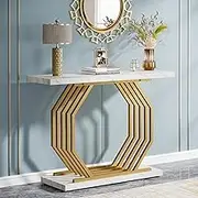 Tribesigns Gold Console Table, Faux Marble Entryway Table Narrow Sofa Table with Geometric Metal Base, 100 cm Modern Accent Table Entrance Table for Living Room, Hallway, Foyer, White and Gold