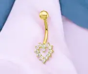 10k Yellow or White Gold 14G Cubic Zirconia Open Heart Belly Ring Dangle -