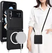 [Cavor] for Samsung Galaxy Z Flip 4 Case, Compatible with Magsafe Case for Women,Phone Case for Z Flip 4 Case with Strap Crossbody Lanyard, Leather Case Shockproof Protective Case-Black