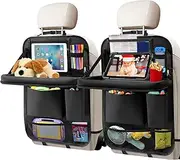 Etre Jeune Car Backseat Organizer with Tablet Holder, 6 Storage Pockets Foldable Table Tray Seat Back Protectors Kick Mats Travel Accessories, 2 Pack Black