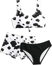 [WDIRARA] Girl's Swimwear Cow Print 3 Piece Swimsuit Bikini Set with Shorts Bathing Suits
