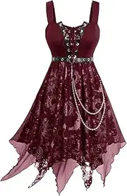 [ROSE GAL] Rosegal Women Plus Size Sun Moon Star Goth Dress Chains Lace-up Grommet Sleeveless Midi Dress