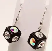 Chunky black Acrylic clear Rhinestone drop dangle Dice shape Pierced Earrings