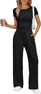 [Trendy Queen] 2 Piece Matching Summer Sweatsuit Lounge Set Womens Wide Leg Pants Side Ruching Crop Top Sets