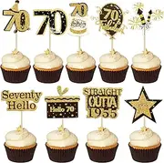 Gyufise 36Pcs Happy 70th Birthday Cupcake Toppers Glitter Black Gold Seventy Straight Outta 1955 Cupcake Picks 70 Fabulous Cheers to 70 Years Cake Decorations for 70th Birthday Party Supplies