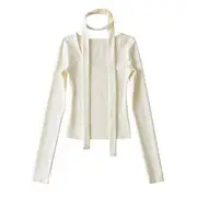 Set: Long-Sleeve Scoop Neck Plain Top + Thin Scarf Almond - S