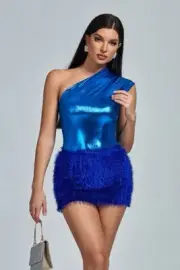 Shiny Coated One Shoulder Fitted Bodysuit Top and Feather Fuzz Skirt Set