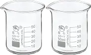 uxcell 50ml Low Form Glass Beaker, 2 Pack 3.3 Borosilicate Glass Graduated Printed Scale Measuring Cups with Spout for Kitchen Lab Liquids Transit Boiling