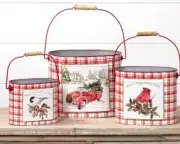 6” Rustic Farmhouse Galvanized Metal Bucket Christmas Bird Chickadee Bucket