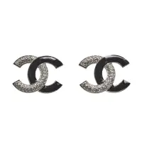 在飛比找Yahoo奇摩購物中心優惠-CHANEL 經典琺瑯水鑽各半雙C LOGO造型耳環(黑/銀