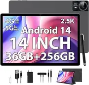 PIXGOOD 2.5K Tablet 14 Inch, 4G Lte/5G WiFi, INCELL 2240 x 1400, 11580mAh, 36GB RAM, 256GB ROM (2TB Extension), Android 14, Octa-Core, 13MP + 8MP, Tablet with Protective Case/GPS/Bluet (Grey)