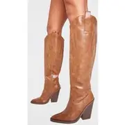 Tan Distressed PU Point Toe Knee High Block Heel Western Boots, Tan