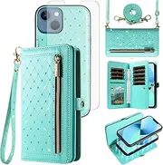 Phone Case for iPhone 13 Mini 5.4 inch Zipper Wallet Detachable Cell Cover with Screen Protector Crossbody Lanyard Strap Bling Slots iPhone13mini i-Phone 13minicase i iPhone13 13mini Women Green