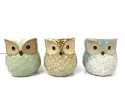 3 Owl Votive Candle Holder Pottery Set Glazed Blue Green Tan 2.75" Small Boho