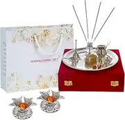 [INTERNATIONAL GIFT] German Silver Pooja Thali, Diya, Spoon, Bell, Agarbatti Stand, Loti and Chandan Vati with Royal Red Royal Luxury Velvet Box Pack and Beautiful Carry Bag Showpiece for Home Decor