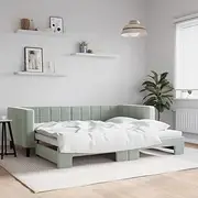 Daybed Frame with Trundle, Light Grey Velvet Sofa Bed Frame with Solid Wood Slats, Rolling Underneath for Bedroom, Loft, Guest Room, Bed Base 90x190 cm