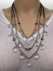 White House Black Market Black Leather Cord Necklace With Silver Clear Shapes