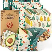 Reusable Food Wraps w/Beeswax Assorted 9 Packs - Eco-Friendly Reusable Wraps, Biodegradable, Zero Waste, Organic, Sustainable, Plastic-Free Food Storage, 5S, 3M, 1L w/ Forest Animals Pattern