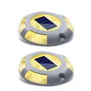 2Pcs Solar Deck Lights Driveway Dock LED Light Solar Powered Outdoor Waterproof Road Markers for Pathway Step Stair Garden, Warm White