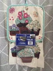 Vtg BEST BRANDS Cannon 4PC Kitchen Towel SET Hotpad Cotton Floral Whimsy 80s NWT