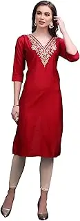 [ladyline] Women's Rayon Silk Embroidered Tunic Top Plain V Neck Kurti Kurta 3/4 Length Sleeves, Red, 38