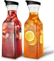 50oz Plastic Juice Carafe with Black Lids (2 Pack) 50 oz Carafes for Mimosa Bar, Drink Pitcher with Lid, Milk Container, Clear Beverage Containers for Fridge, Pantry Storage, Square Pitchers