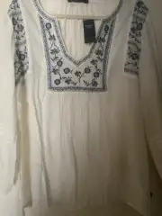 Abercrombie&Fitch White Navy Embroidered Bell-Sleeve Tunic XL Boho Peasant NWT