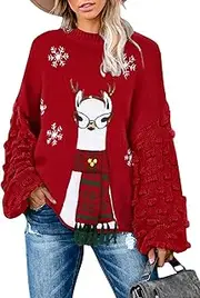 [Sovoyontee] Women's Cute Funny Ugly Christmas Sweater Puff Sleeve Snowflake Reindeer Holiday Oversized Knit Pullover